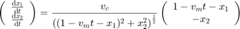 $$
\left( \begin{array}{c} \frac{\mathrm{d}x_1}{\mathrm{d}t}\\\frac{\mathrm{d}x_2}{\mathrm{d}t} \end{array}\right)
= \frac{v_c}{\left( (1-v_mt-x_1)^2 + x_2^2 \right)^{\frac12}}\left( \begin{array}{c} 1-v_mt-x_1\\-x_2\end{array}\right)
$$