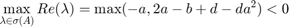 $$\max_{\lambda\in\sigma(A)} Re(\lambda)=\max(-a,2a-b+d-da^2)<0$$