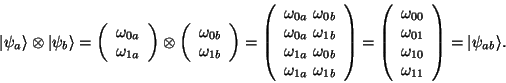 \begin{displaymath}\vert\psi_a\rangle \otimes \vert\psi_b\rangle =
\left(\begin...
...
\omega_{11} \\
\end{array}\right) =
\vert\psi_{ab}\rangle.
\end{displaymath}