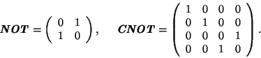 \begin{displaymath}
\textbf{\textit{NOT}} =
\left( \begin{array}{cc} 0 & 1 \\ 1 ...
...\\
0 & 0 & 0 & 1 \\
0 & 0 & 1 & 0 \\
\end{array} \right).
\end{displaymath}