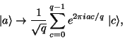 \begin{displaymath}\vert a\rangle \rightarrow
\frac{1}{\sqrt{q}} \sum_{c=0}^{q-1}{e^{2\pi iac/q}}\ \vert c\rangle,\end{displaymath}