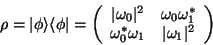 \begin{displaymath}\rho = \vert\phi\rangle \langle\phi\vert = \left(
\begin{arra...
...mega_0^*\omega_1 & \vert\omega_1\vert^2 \\
\end{array}\right)
\end{displaymath}