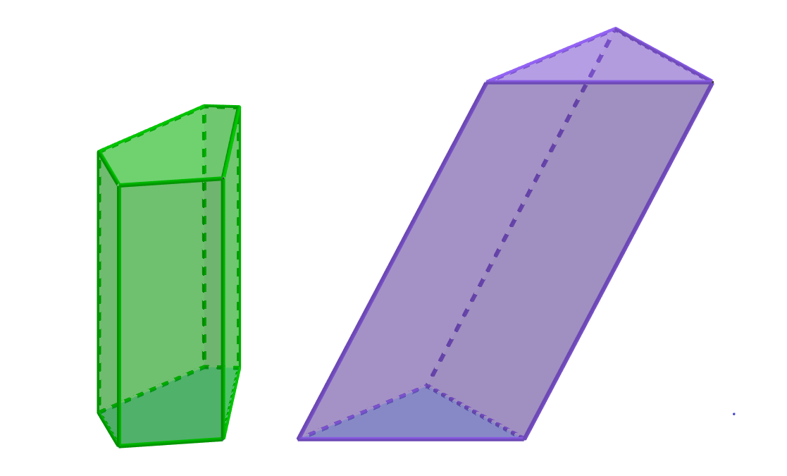 Zleva: Konvexní kolmý pětiboký hranol a konvexní kosý trojboký hranol