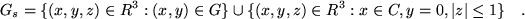 \begin{displaymath}
G_s = \{(x,y,z)\in R^3 : (x,y)\in G \} \cup
\{(x,y,z)\in R^3 : x\in C, y=0, \vert z\vert\le 1 \} \quad .
\end{displaymath}